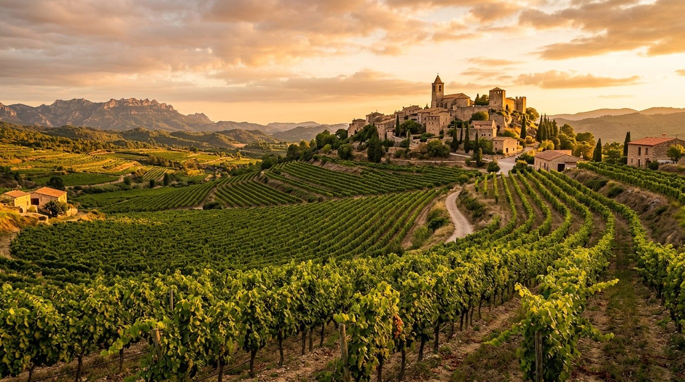 Paisaje de viñedos y pueblos medievales en el Penedès