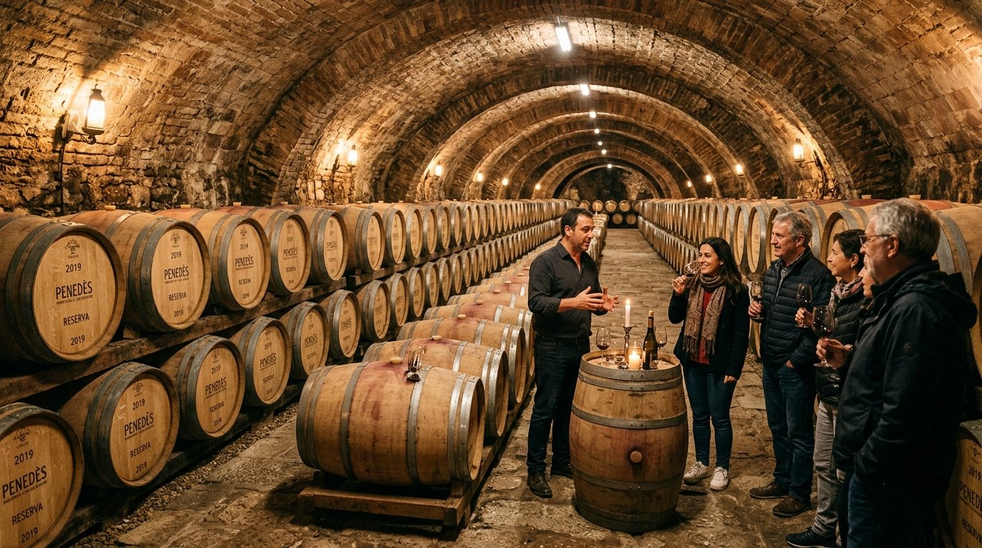 Galerías abovedadas y barricas de crianza en bodega